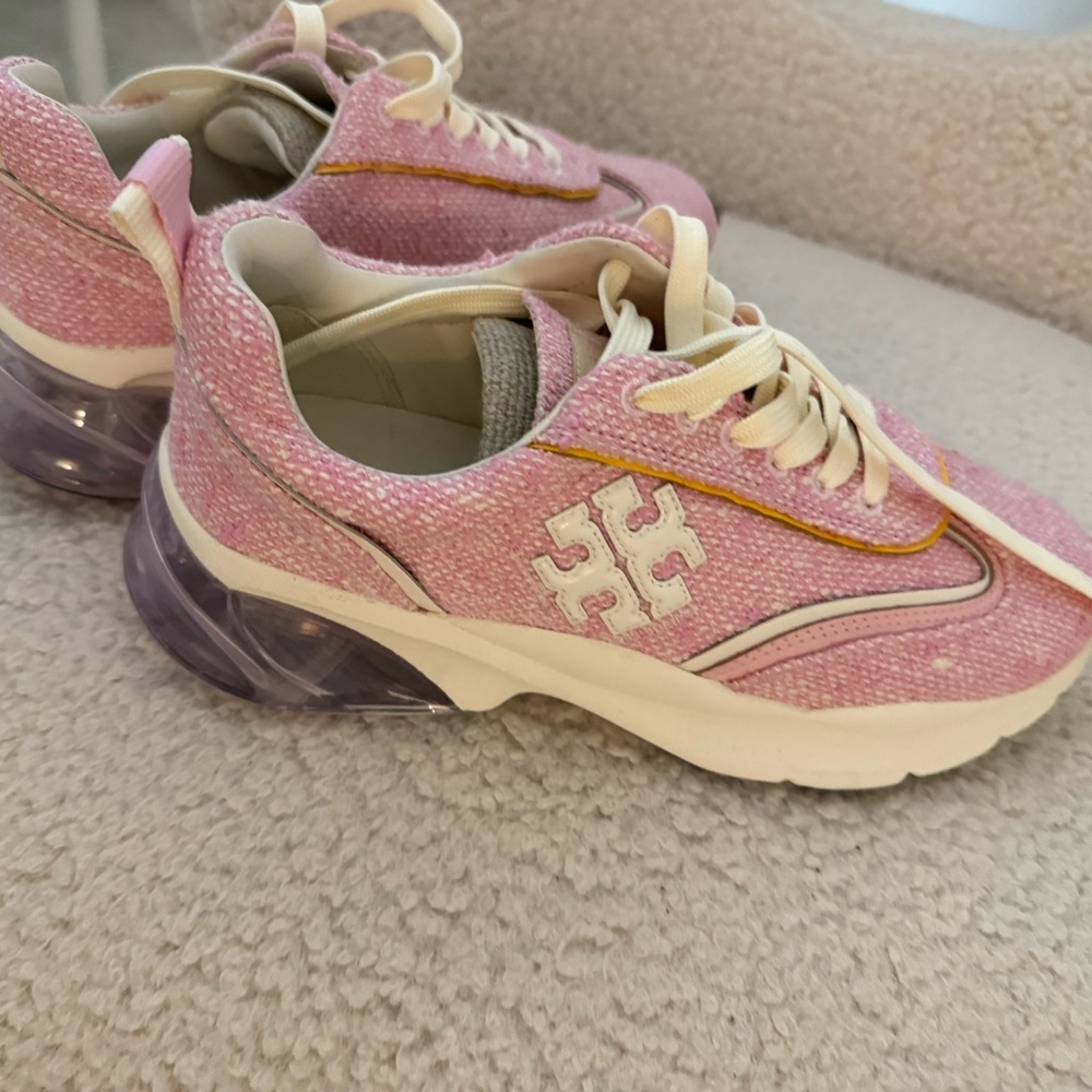 Tory Burch Pink Tweed Platform Logo Sneakers with Lavender Heel